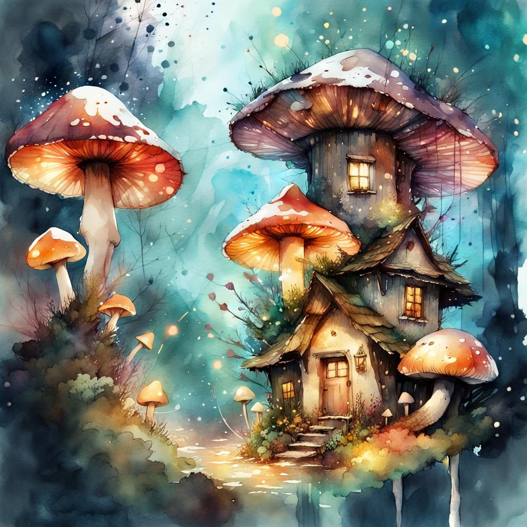 Chibi Fairy Village in Watercolor Illustration