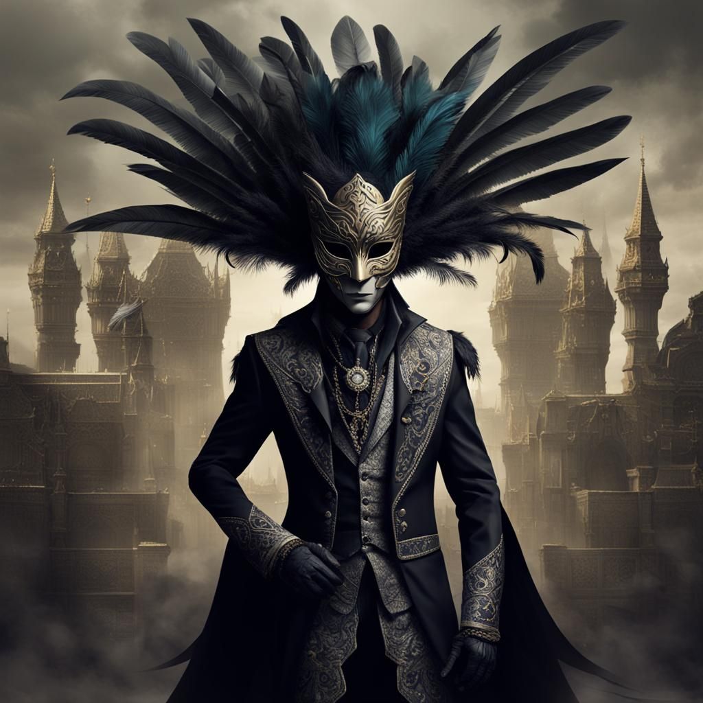 Elegant Masquerade Outfit with Bird Mask, Digital Art
