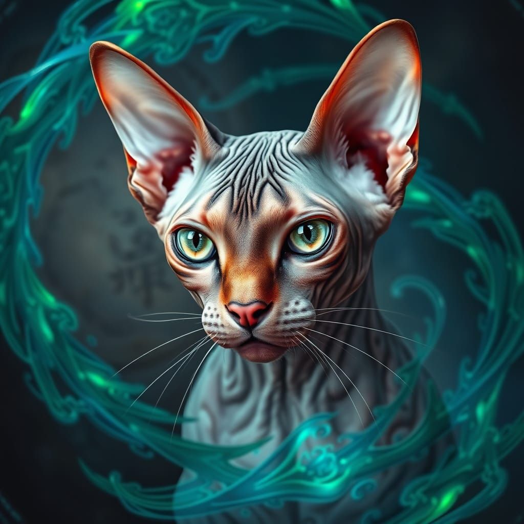 Mystical Sphynx Cat in Hyper-Realistic Macro View
