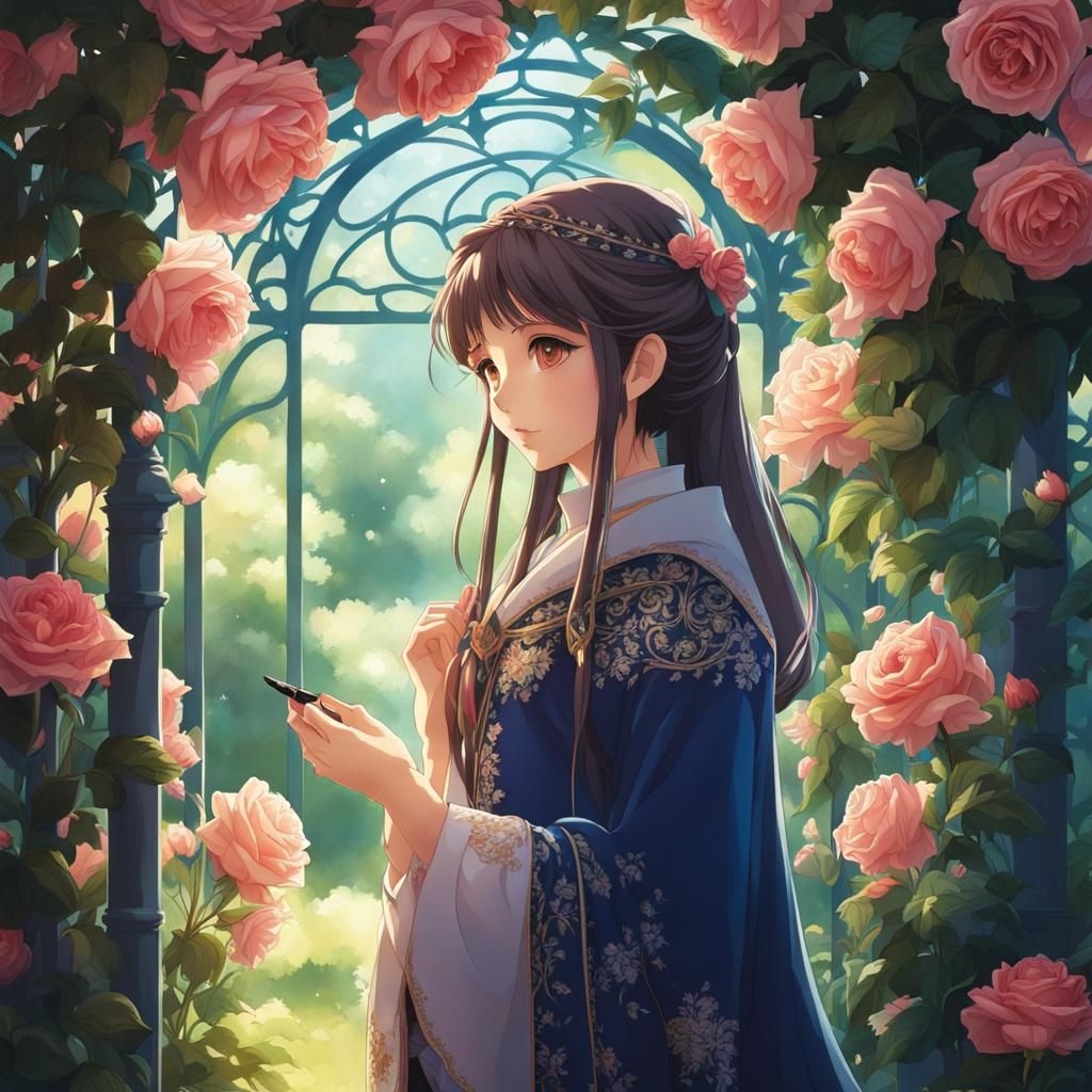 Anime Princess Hidden in Rose Arbor Shadows