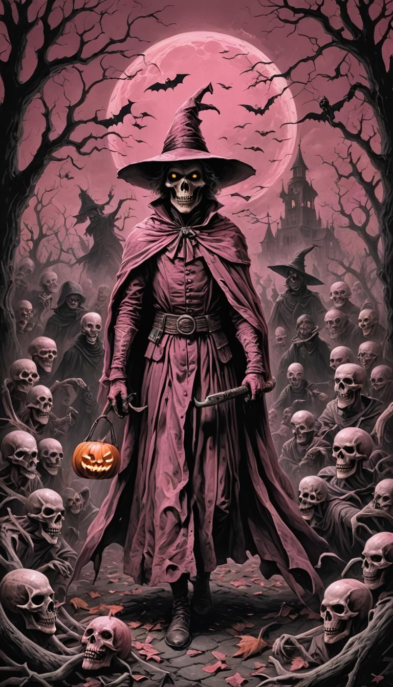 Pink Halloween Horror in Woodcut Style