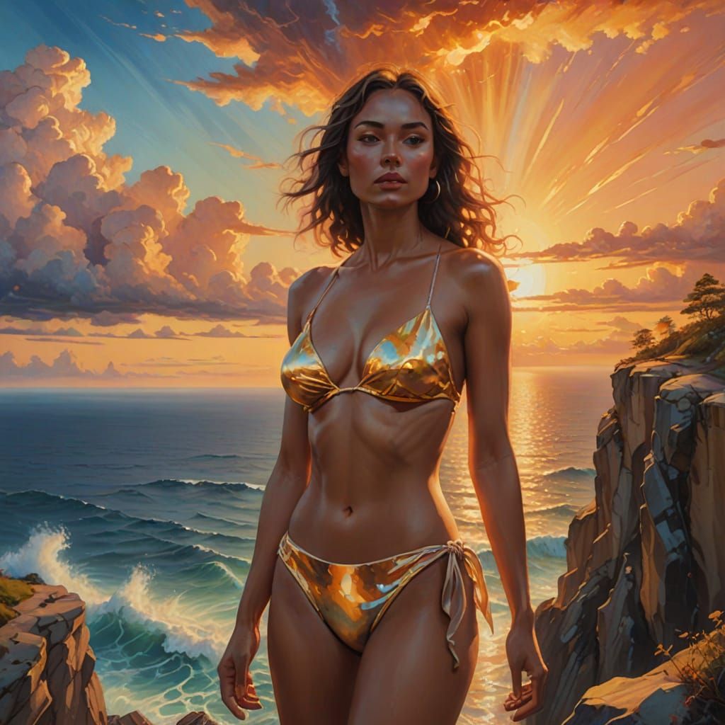 Surreal Woman on Cliff in Golden Light
