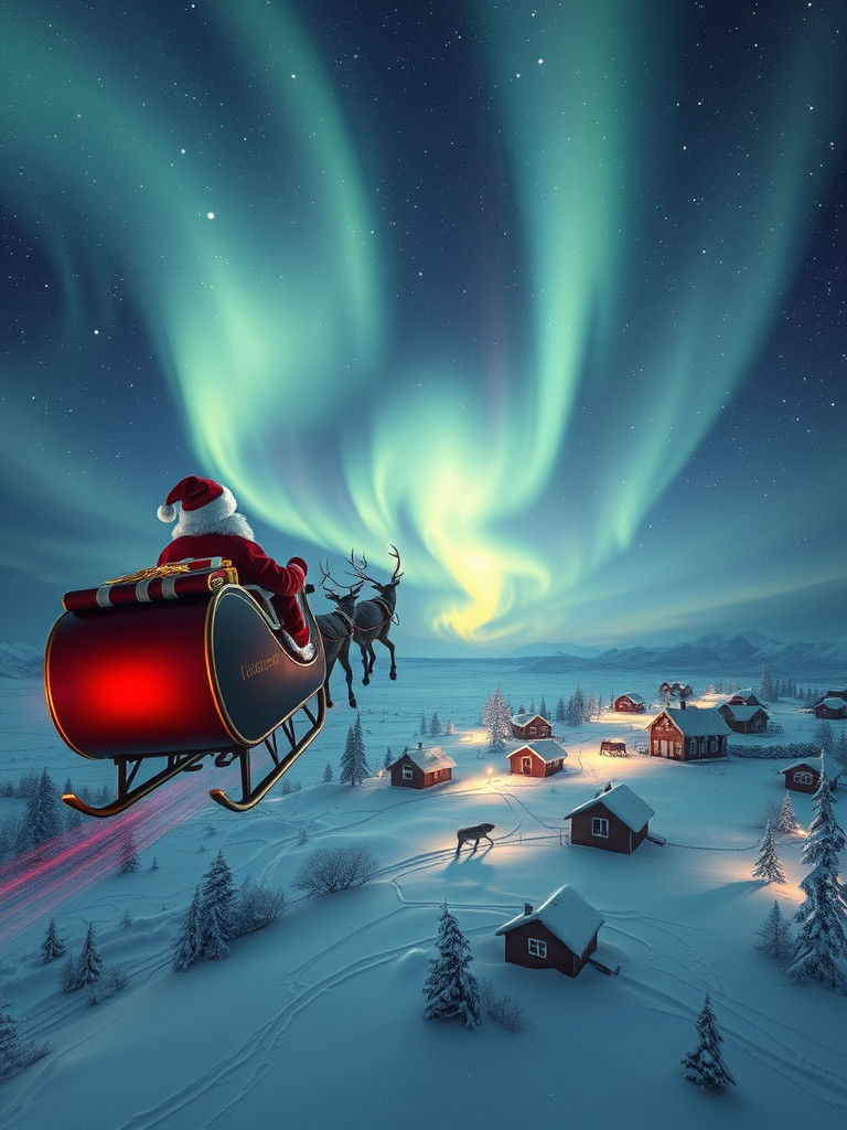 Santa's Sleigh View Over Arctic Villages on Christmas Eve