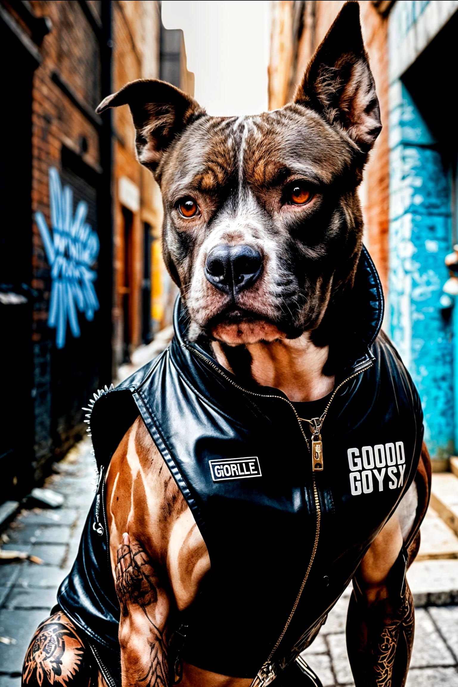 Tough Pitbull in Spiked Vest Against Graffiti Wall