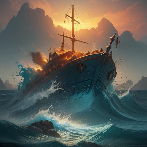 Merman and Land Shark Battle: Vibrant Oil Painting