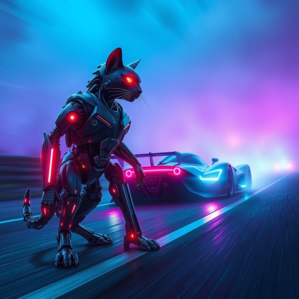 Cyborg Feline Hero Dominates Dark Highway in Neon-Lit Futuri...