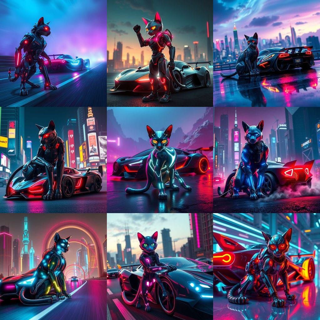 Cyberpunk Feline Racer Unveiled in Vivid Dreamscapes