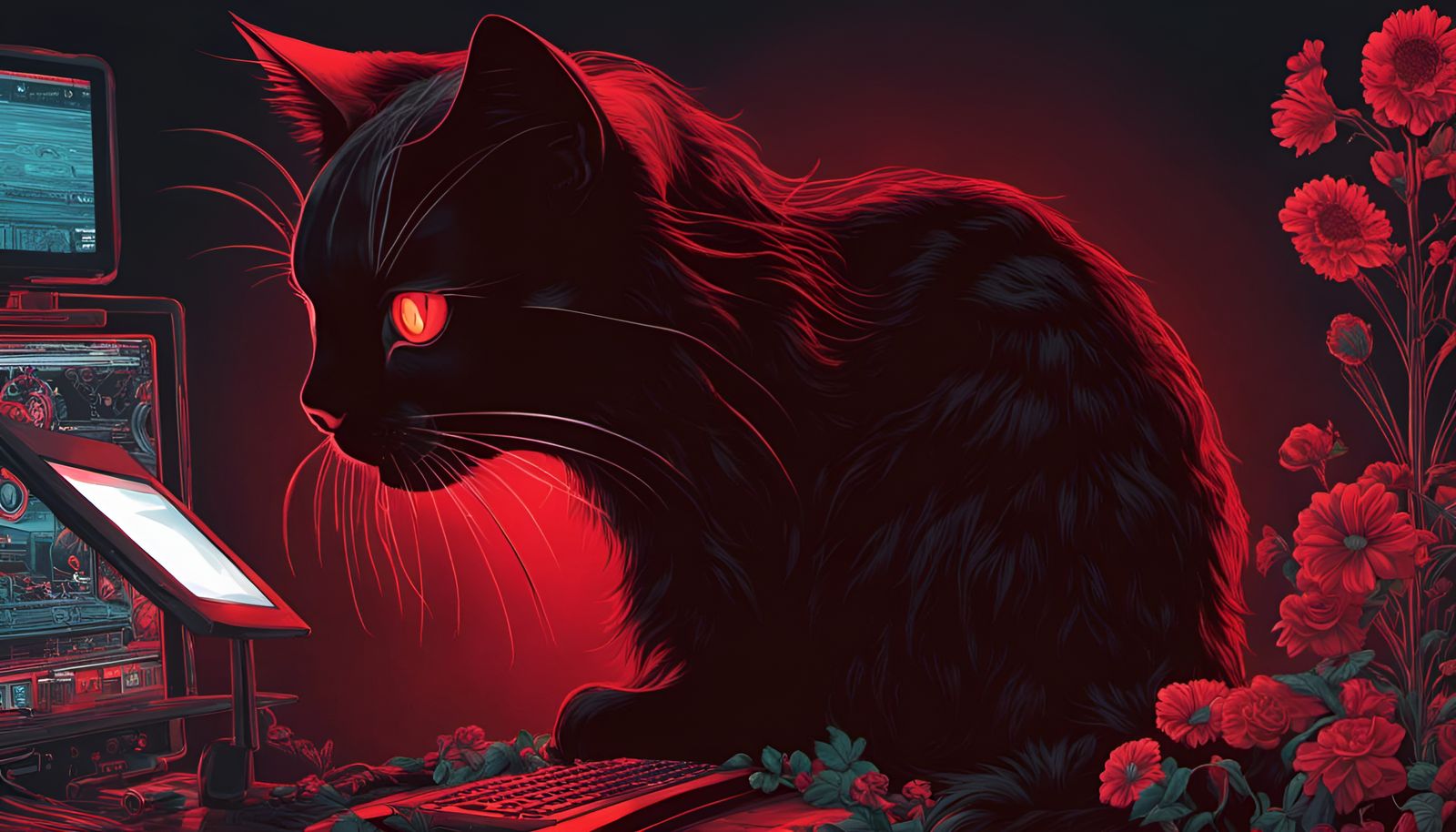 Cyberpunk Black Cat on Computer Screen
