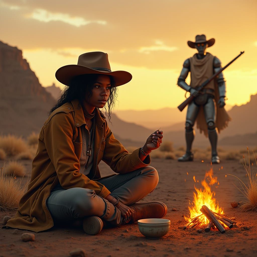 African American Woman & Robot in Badlands at Dusk
