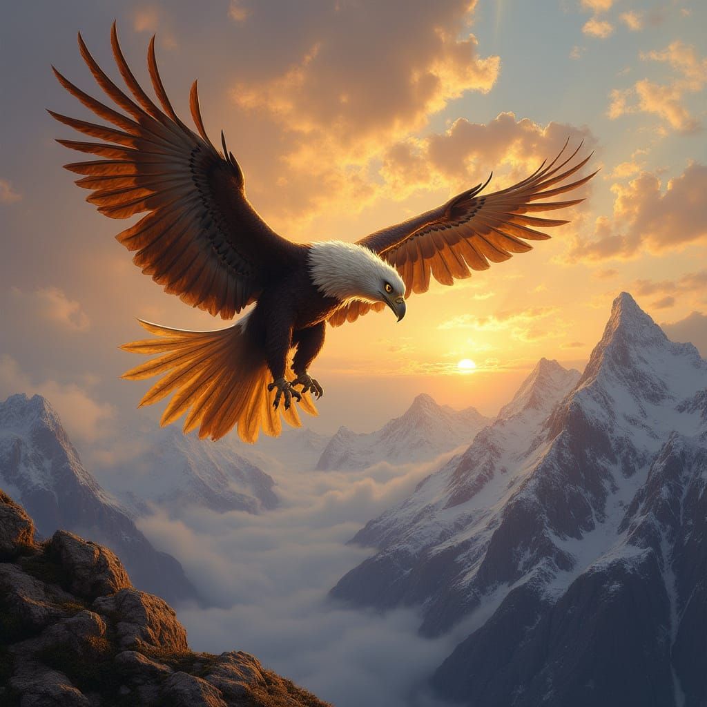 Griffin Soaring Over Mountains: Classical Oil Painting