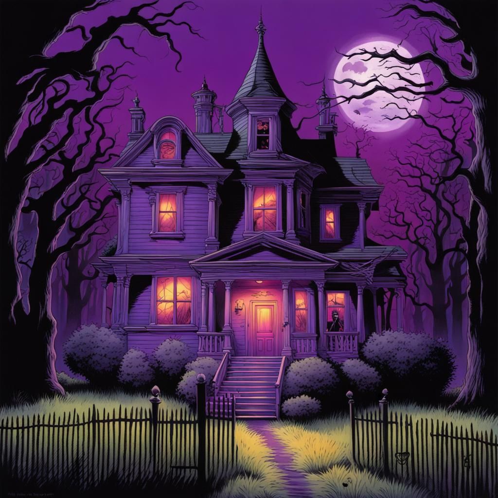 Haunted House at Night in 80s Comic Style