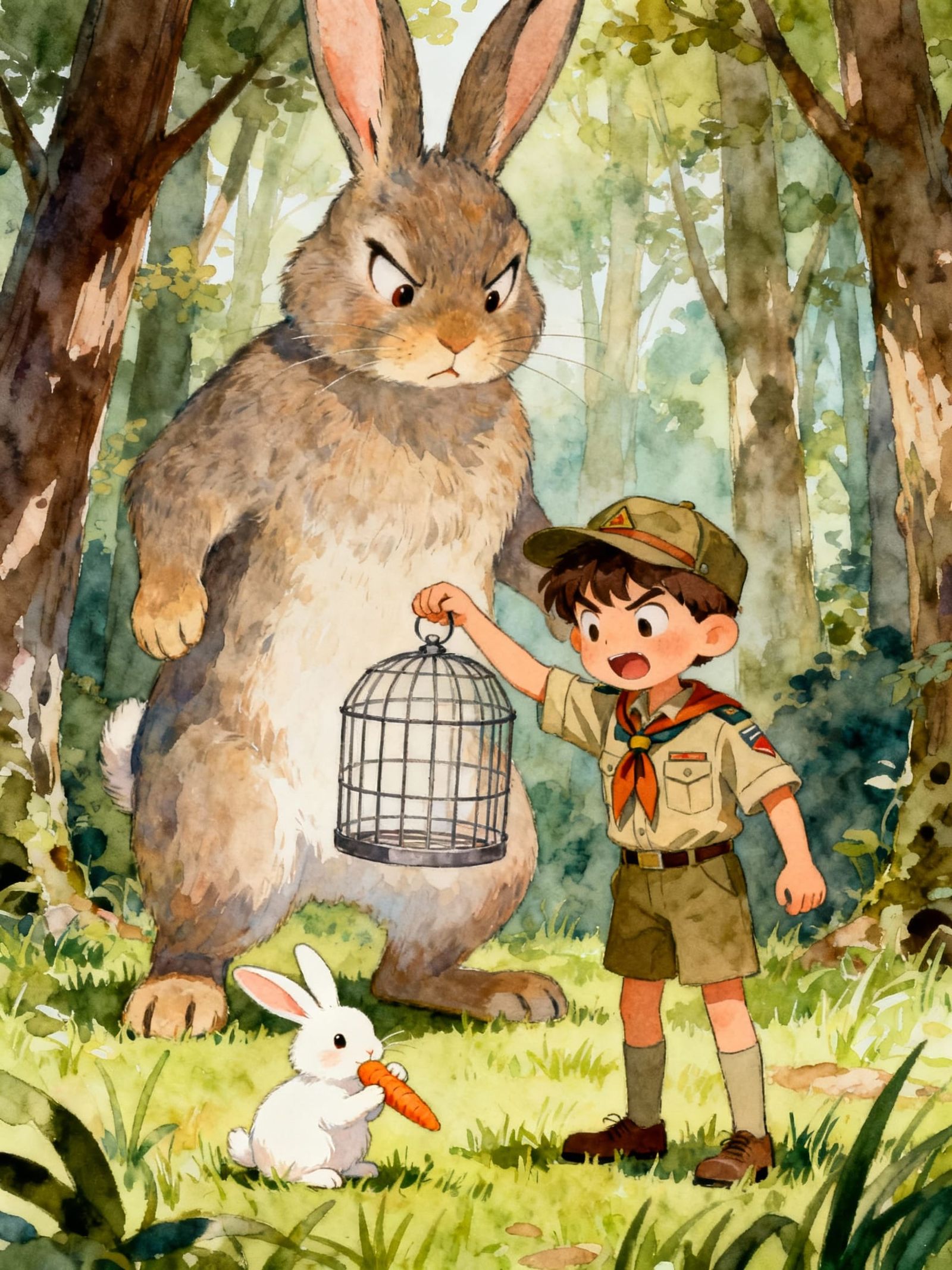 Mischievous Kid Scout Traps Rabbit in Whimsical Forest