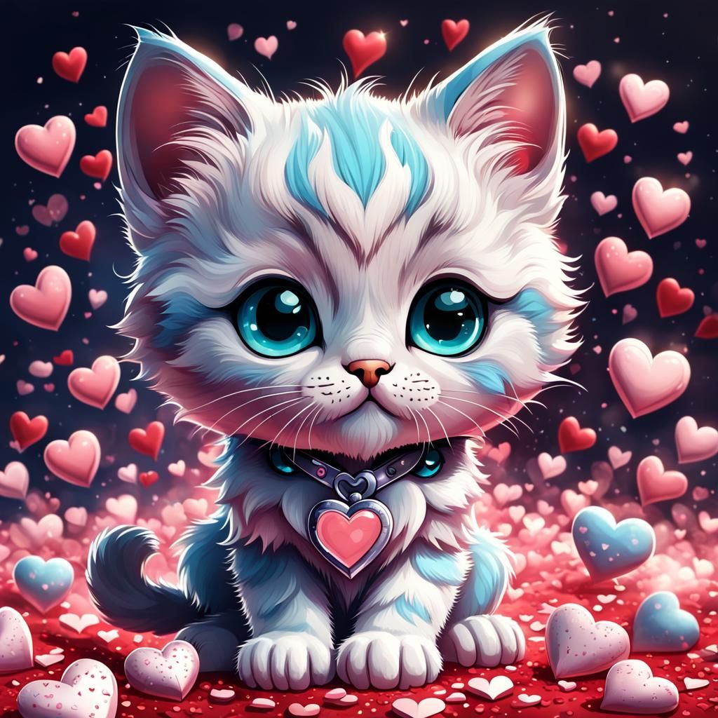 Cute Chibi Kitten Surrounded by Valentine's Hearts