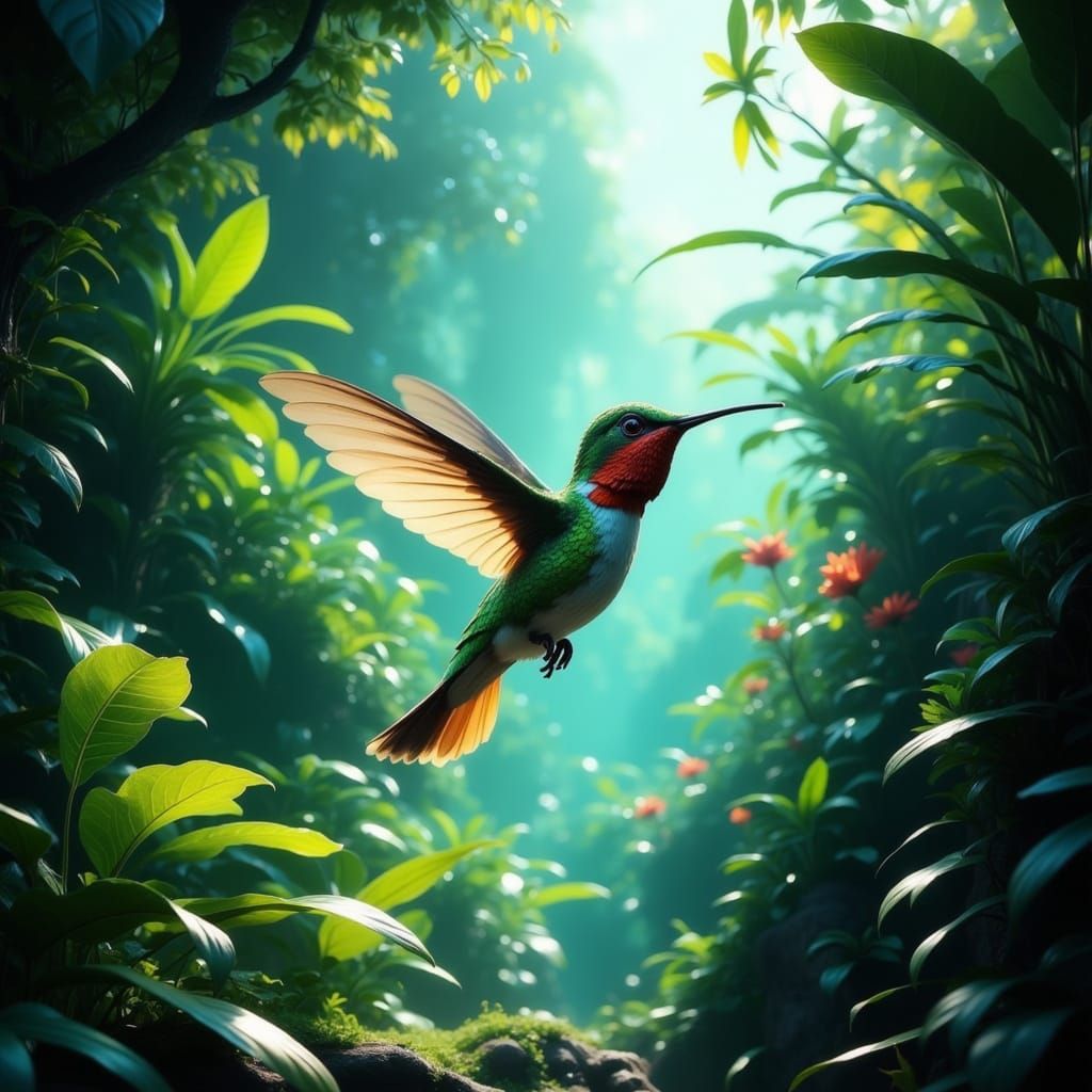 Hummingbird in Flight: Vibrant Jungle Scene in 3D Digital Ar...
