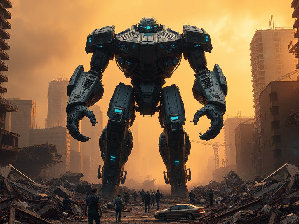 Cyberpunk Giant Robot Dominates War-Torn Metropolis