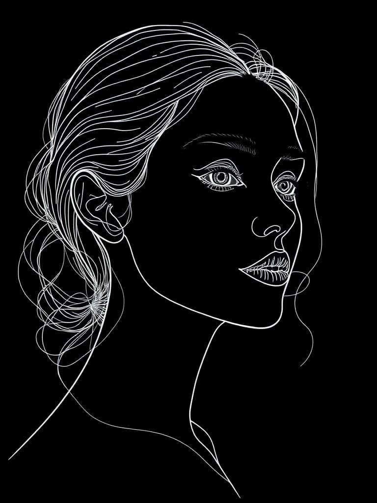 white line drawing of a female portrait on black background