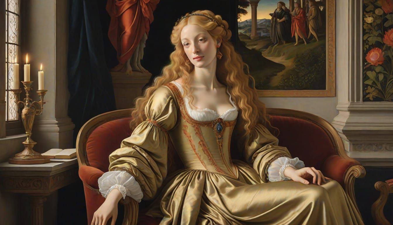 Elegant Renaissance Beauty in Golden Boudoir