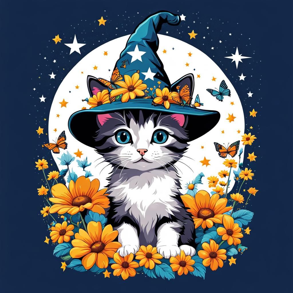 Cute Cartoon Kitten Wizard T-Shirt Graphic