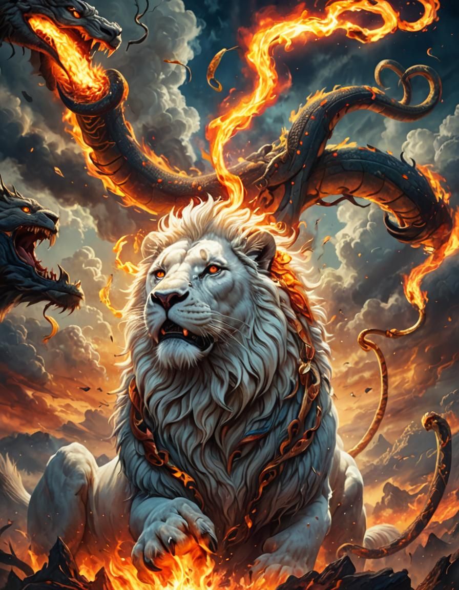 Fiery Lion Surrounded by Snakes in Fantasy Art