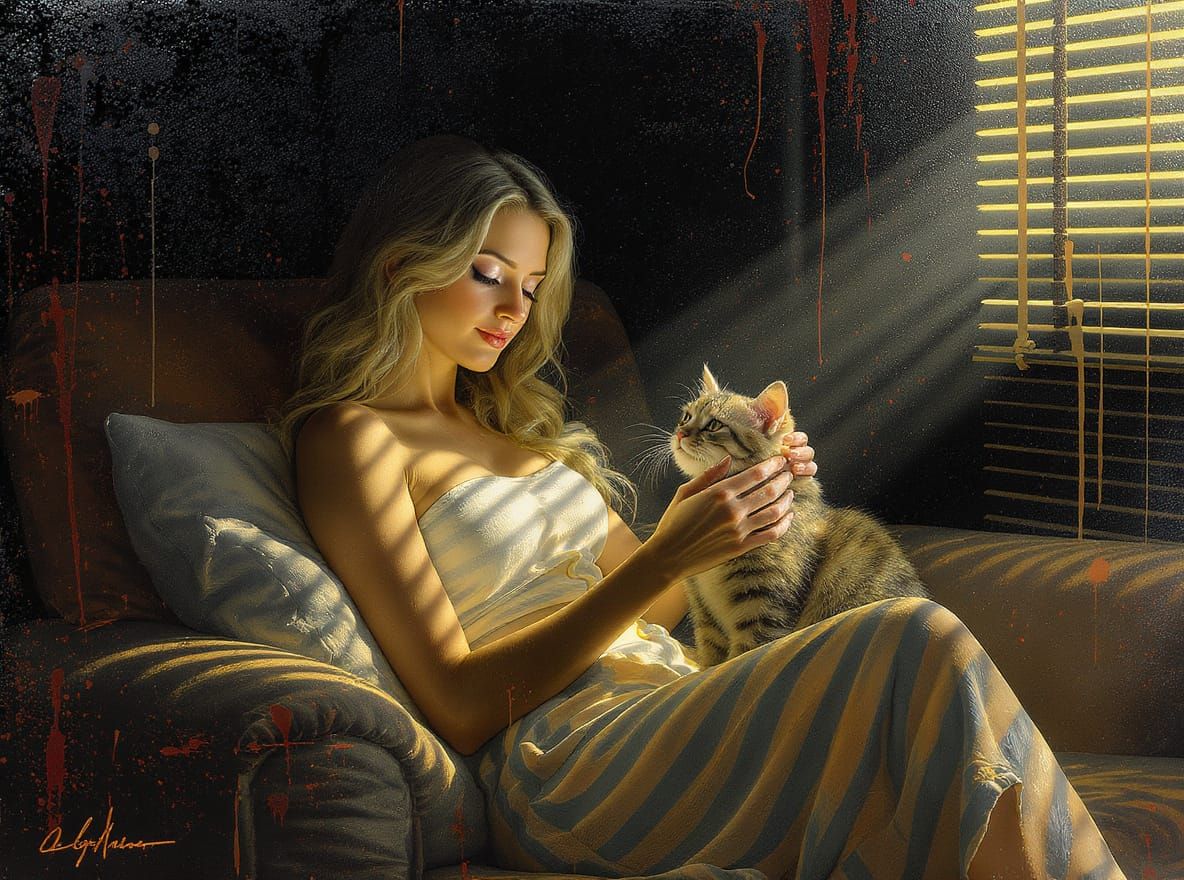 Impressionist Woman with Cat in LoveCat Style