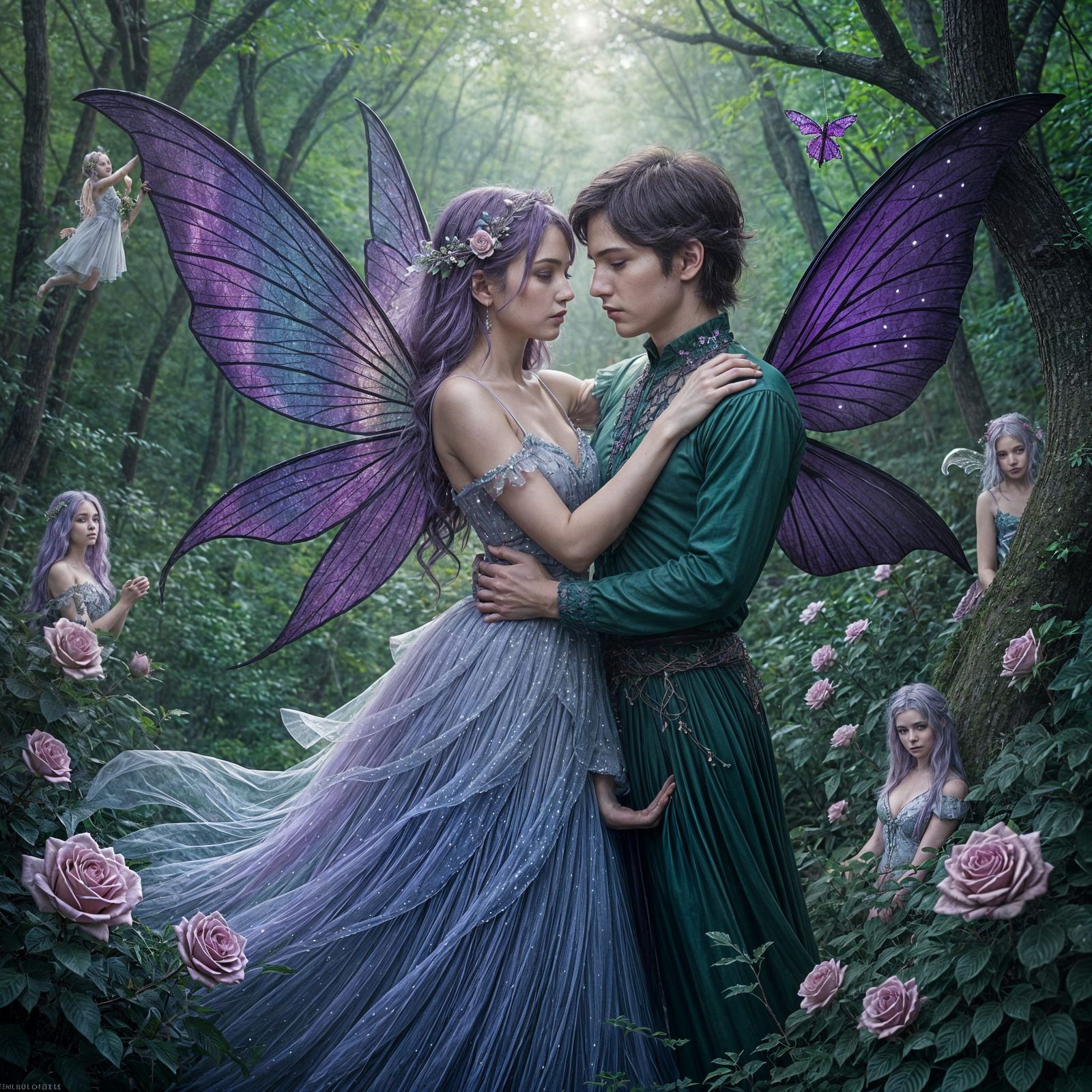 Ethereal Fairy in Gossamer Dress with Rainbow Roses