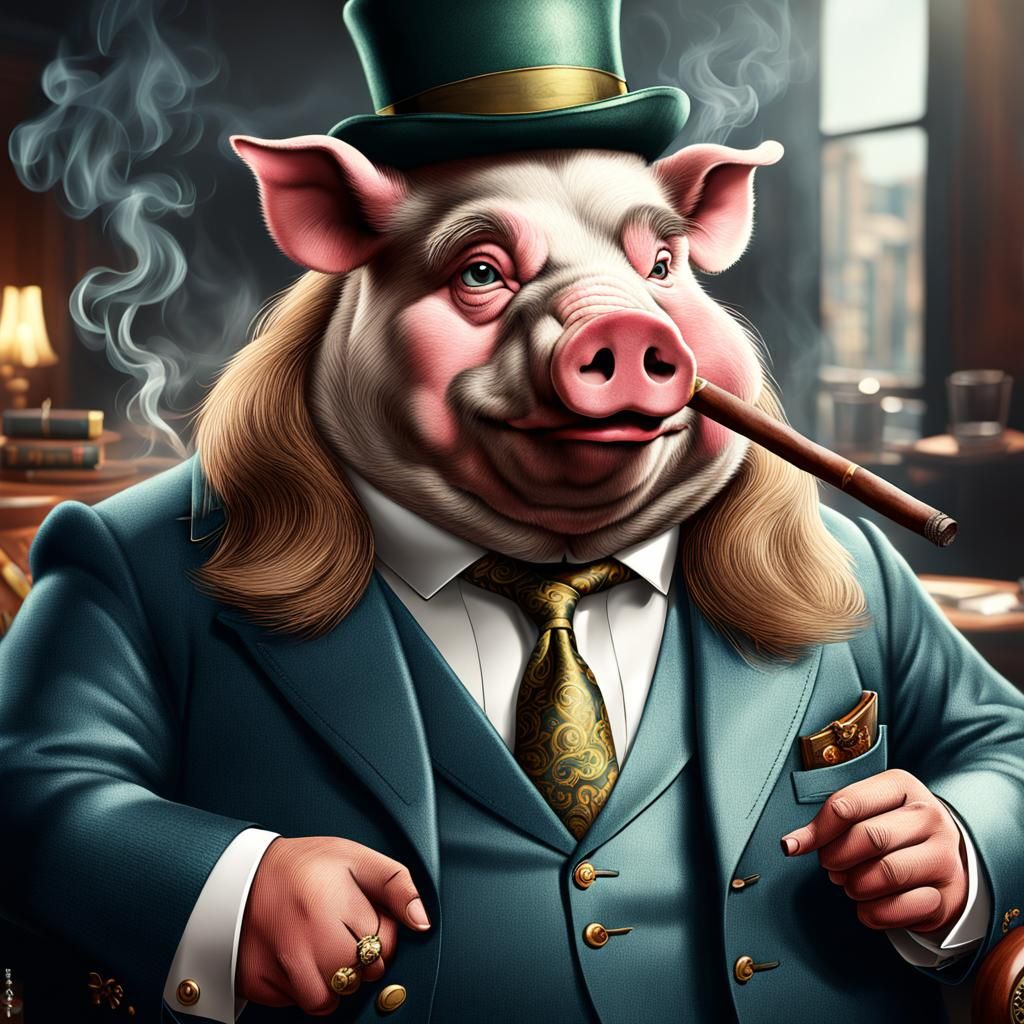 Capitalist Pig Smoking Cigar: Realistic AI Image