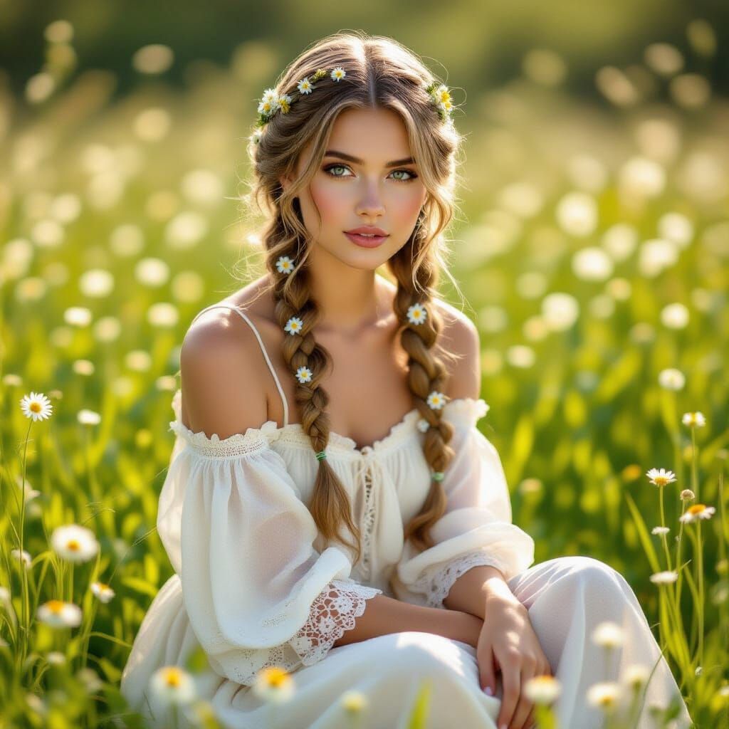 Woman in Daisy Field, Art Nouveau Style