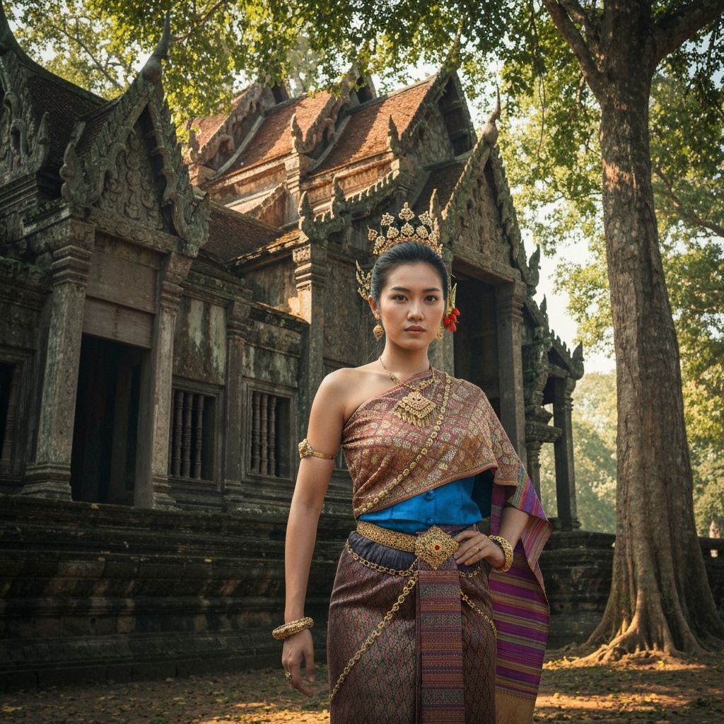 Thai Woman Guards Hidden Temple in Cartoon Style