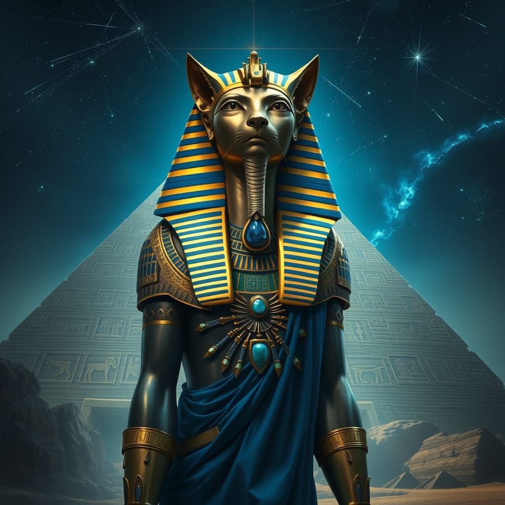 Majestic Pharaoh with Feline Features in Cosmic Night