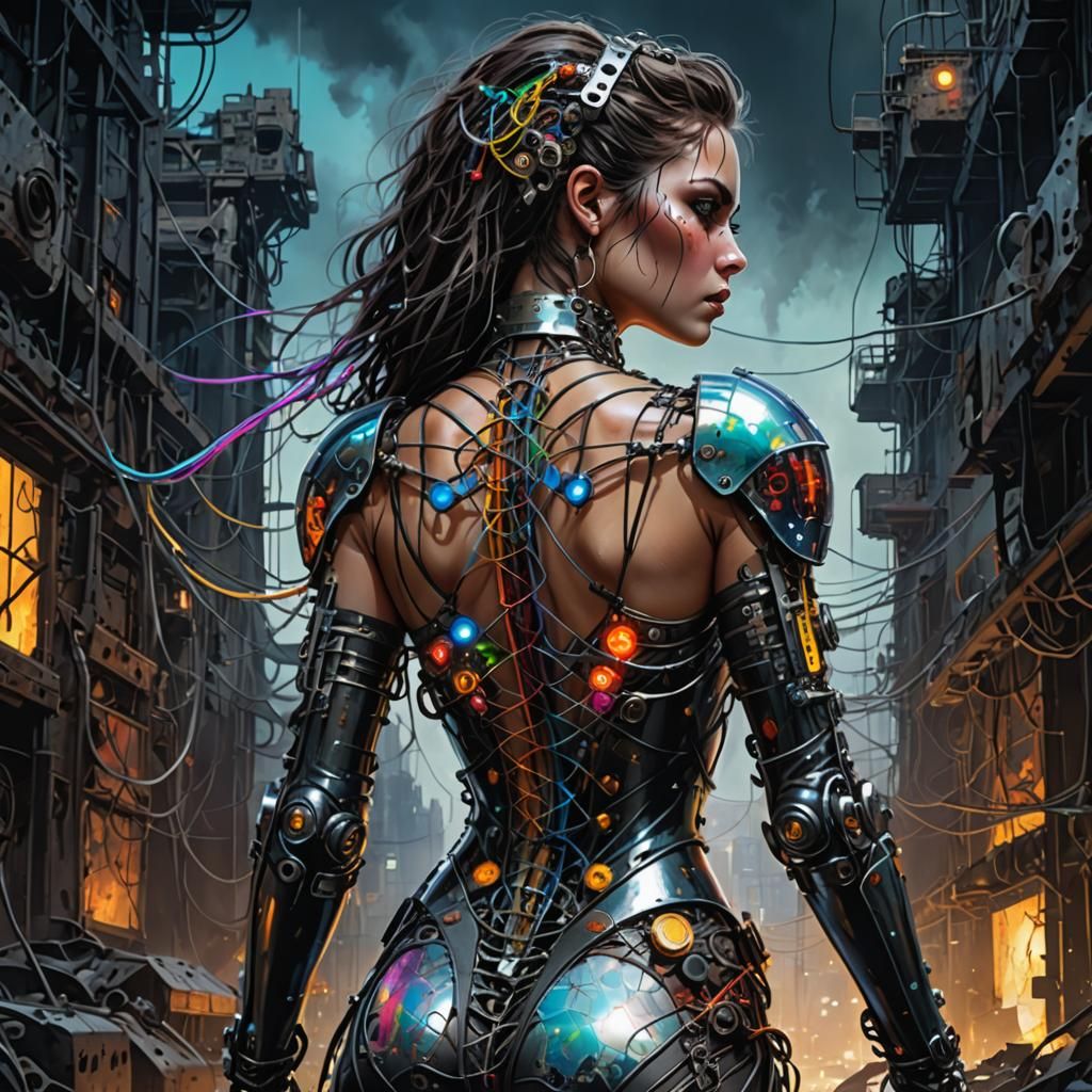 Cyborg Woman in Post-Apocalyptic City, Comic Art