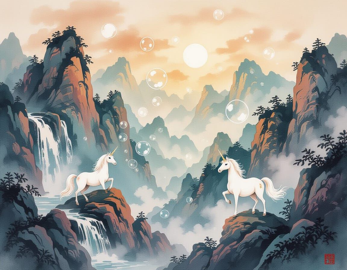 Unicorns Making Bubbles in Chinese Ink Painting