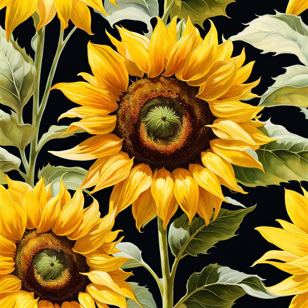 Botanical Sunflowers in Watercolor Art Deco Style