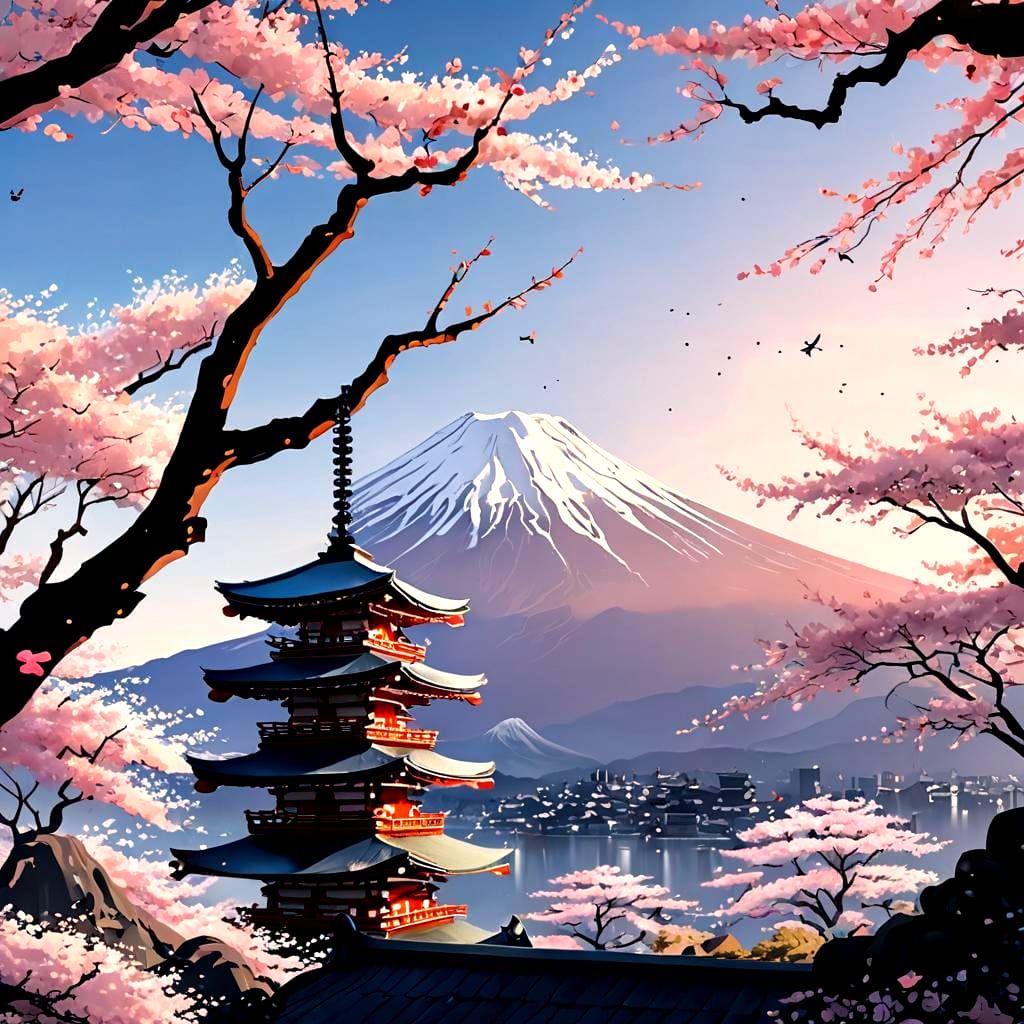 Mount Fuji Landscape and Japanese Portraits in Art Deco