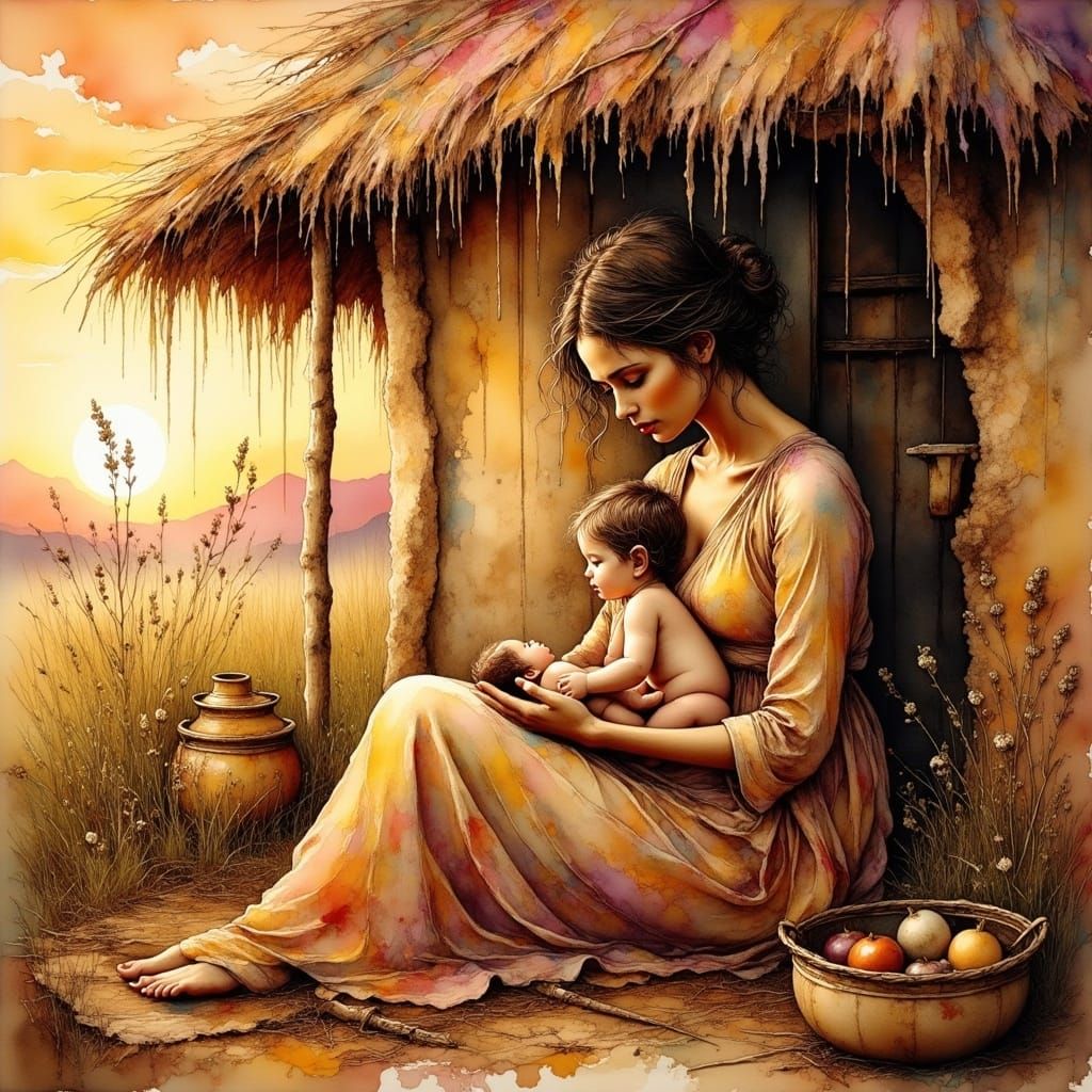 <lora:Ink Poet:1.0> Photo of a mother breastfeeding her baby...