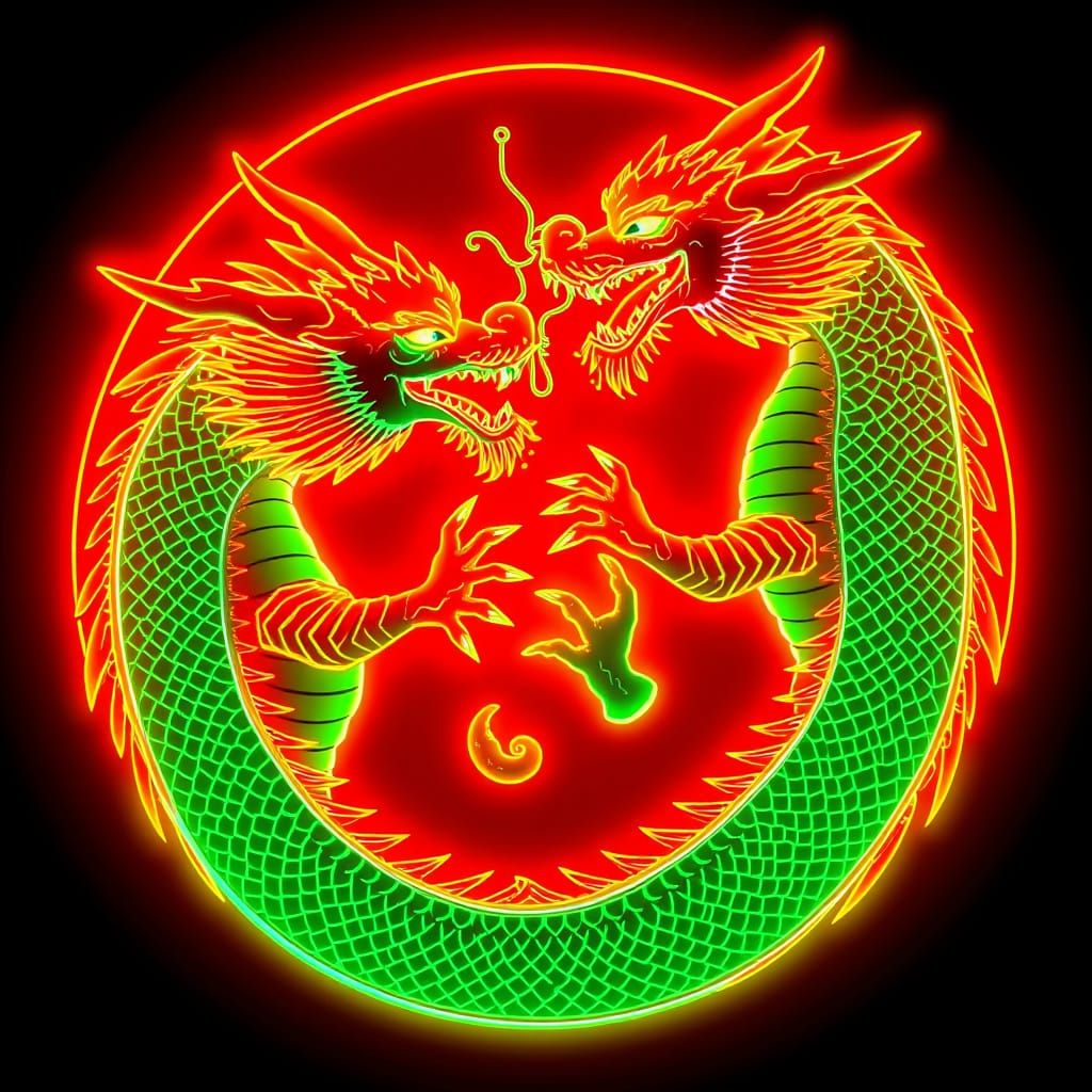 Neon Dragons Intertwined: Futuristic Digital Art
