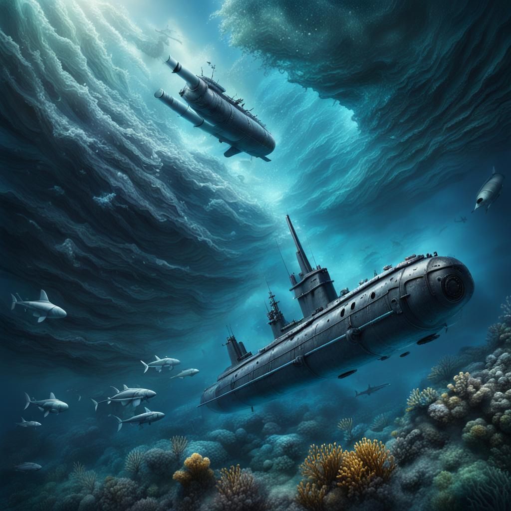 Underwater Submarine Battle Above the Waves: Digital Matte P...