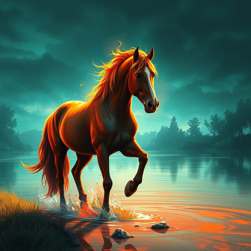 Ethereal Horse Set Amidst a Serene River Landscape in a Vibr...