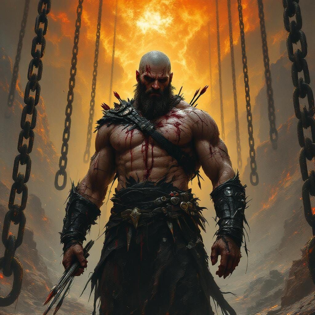 Wounded Warrior in Hellish Landscape, Dark Realism Style