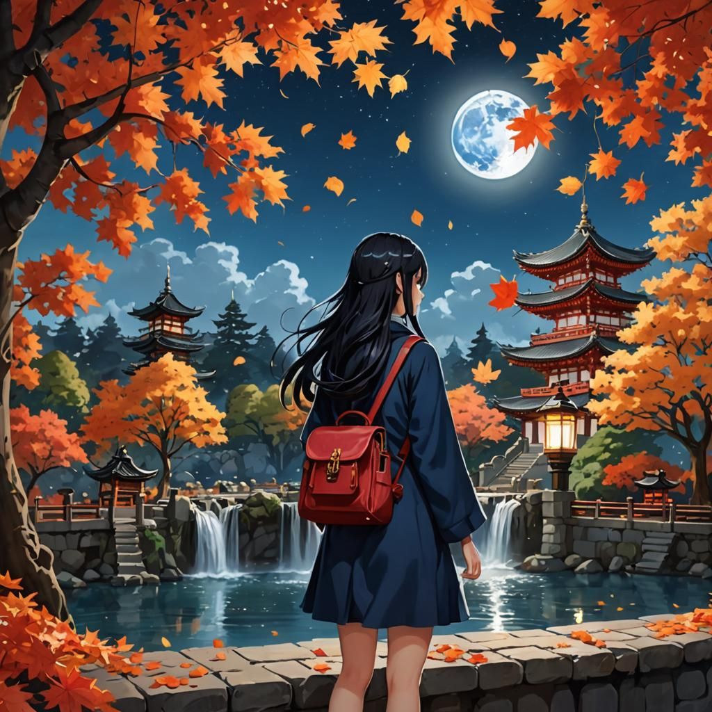 Autumn Night Scene with Girl and Lantern