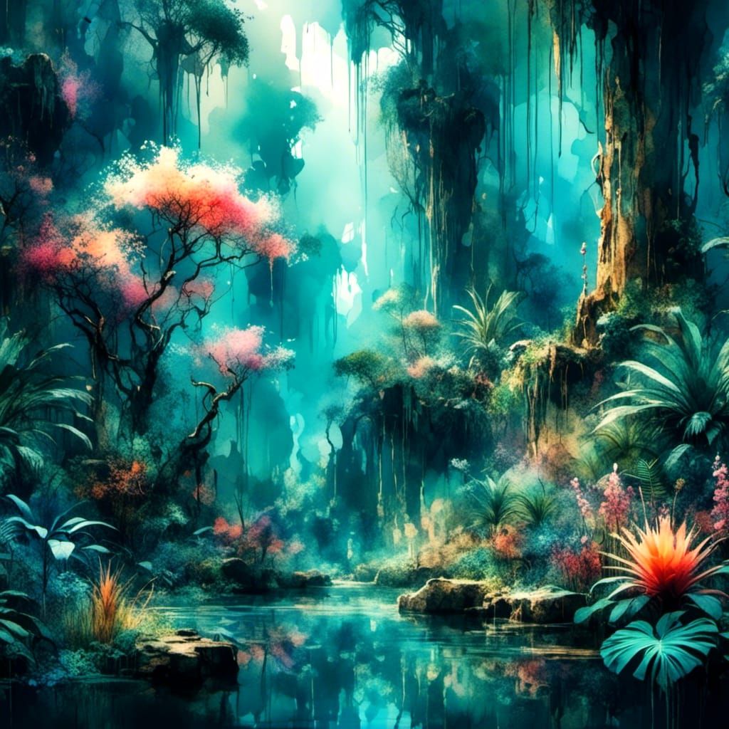Opalescent Jungle Landscape with Exotic Flower, Impressionis...