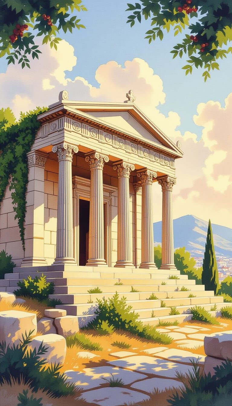 Watercolor Temple on Hill in Golden Light