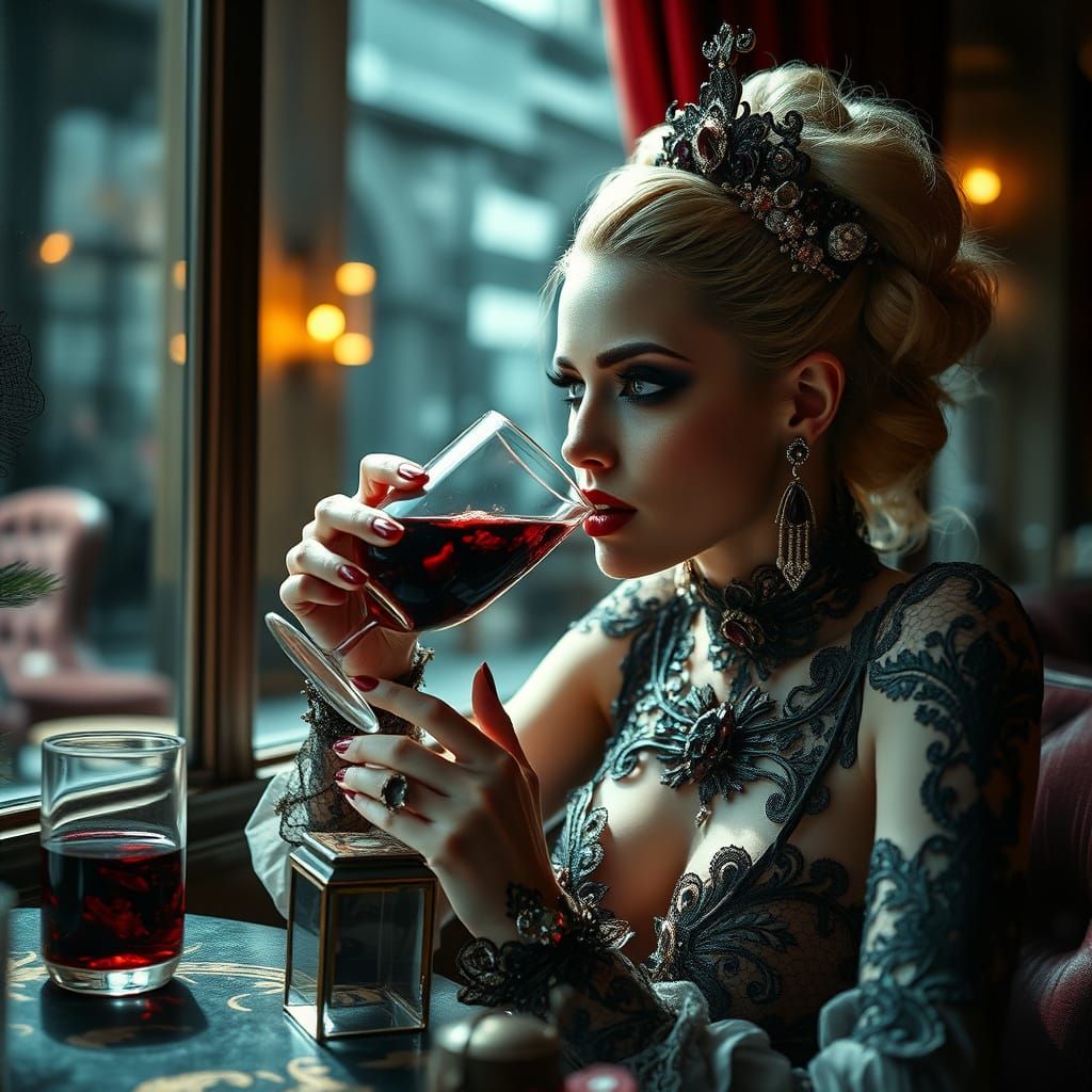 Vampire in Haute Couture Sips Blood at a Dimly Lit Café