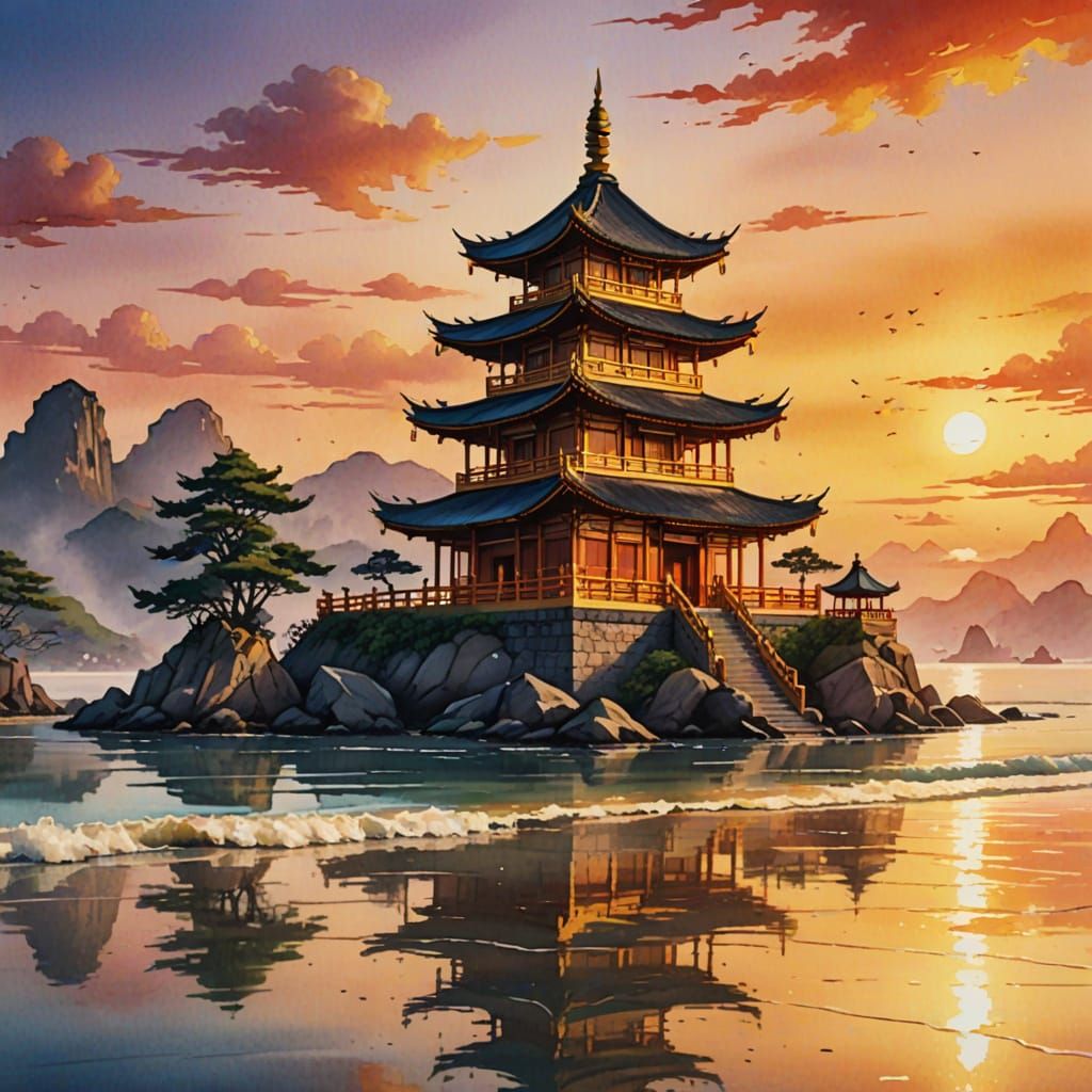 Asian-Inspired Pagoda by the Sea in Watercolor