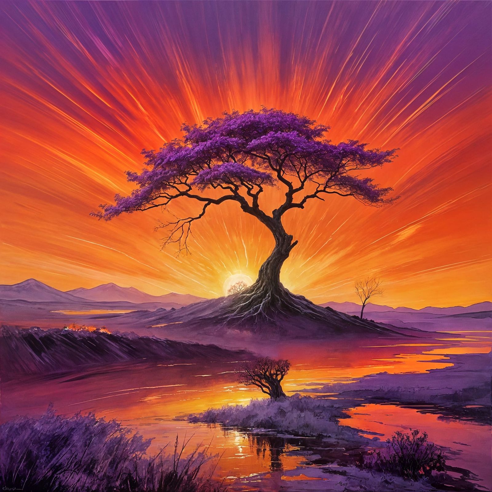 Vibrant Sunset Landscape with Lone Tree