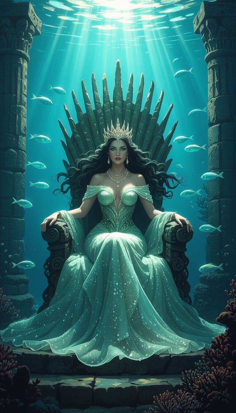 Ancient Underwater Queen on Coral Throne