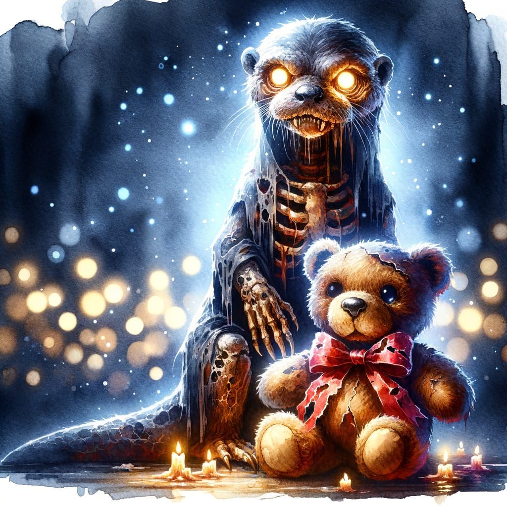 Undead Otter Guards Teddy Bear in Watercolor Illustration
