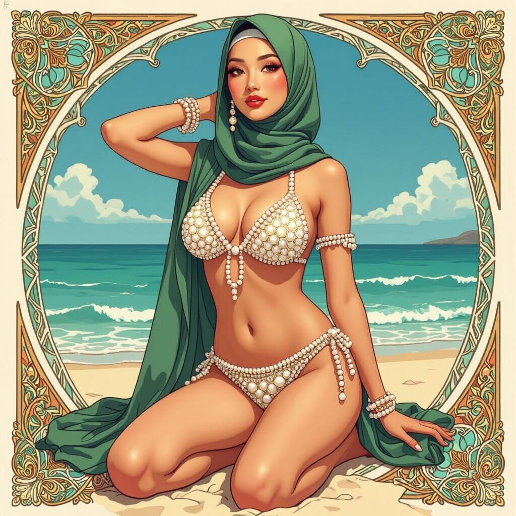 Woman in Pearl Bikini, Art Nouveau Style