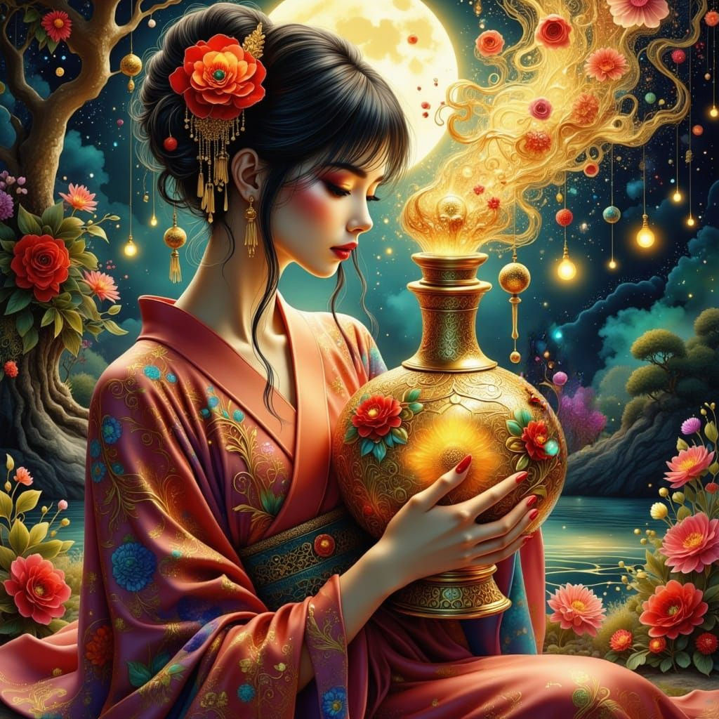 Enchantress with Genie Bottle in Watercolor Style