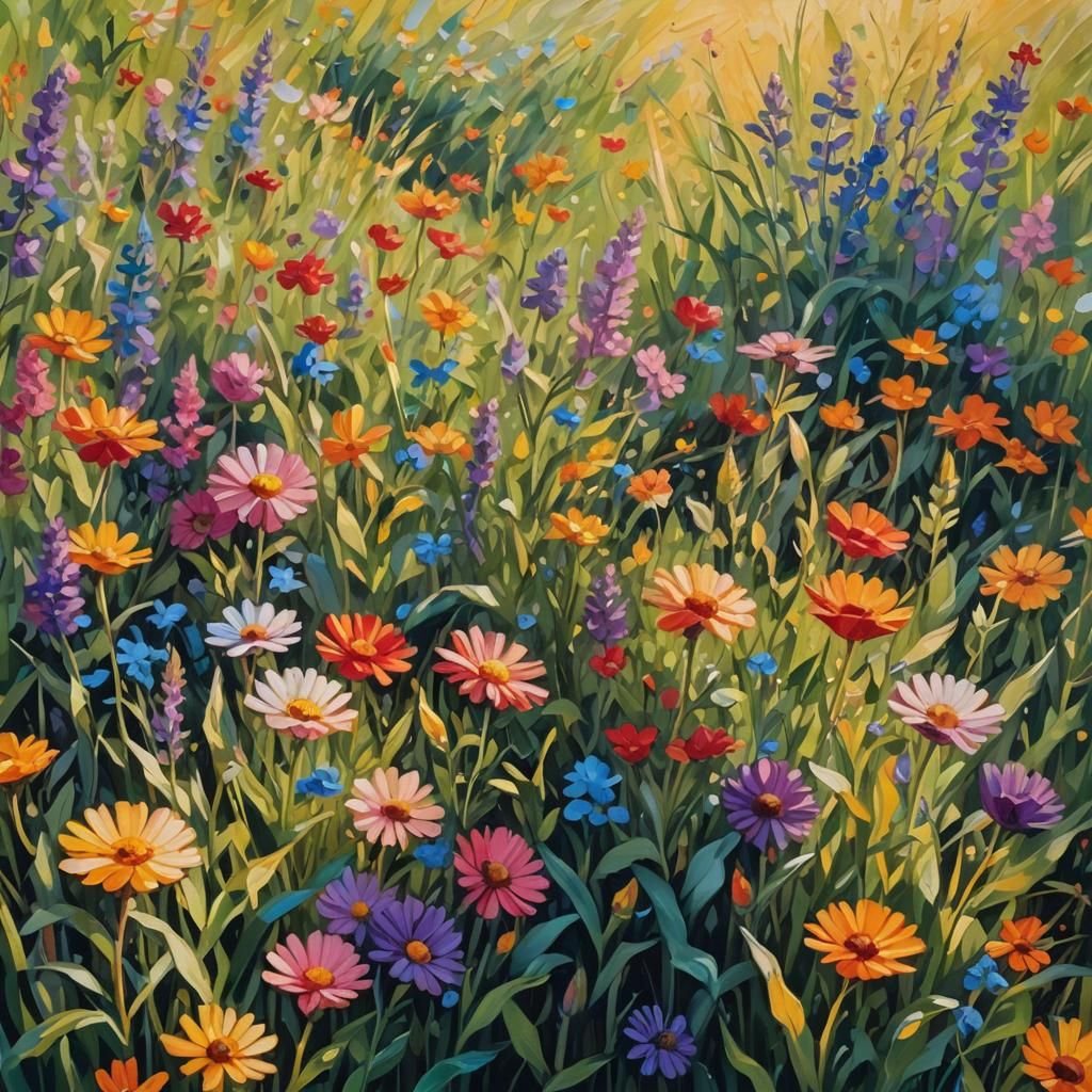 Vibrant Oil Painting of Person in Flower Field