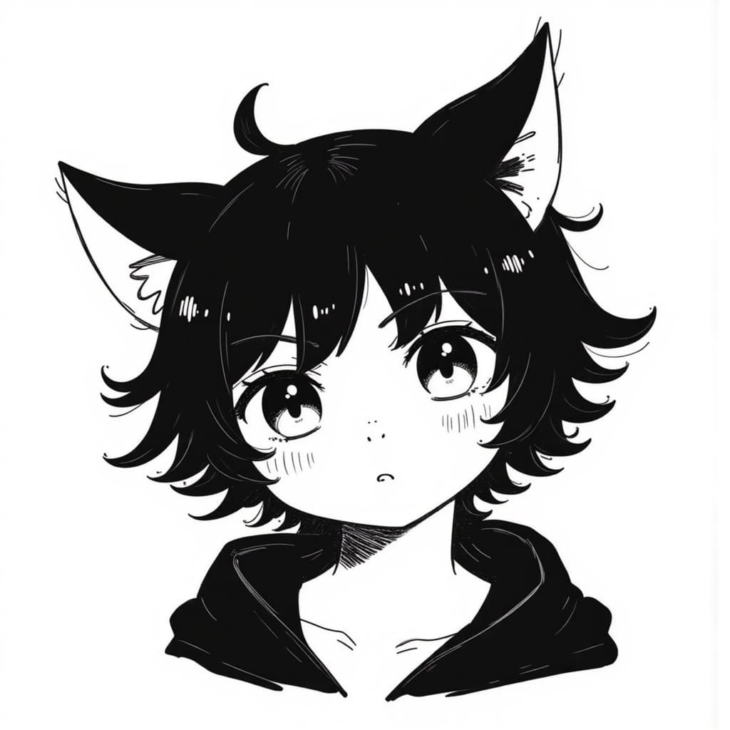 Anime-Inspired Cat Head Illustration in Monochromatic Style